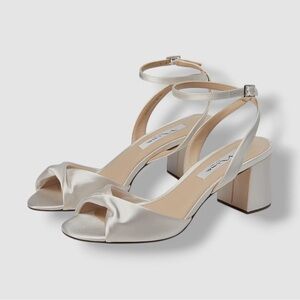 Nina Women's Ivory Satin Mid-Heel Block Sandals Shoes Size 8.5